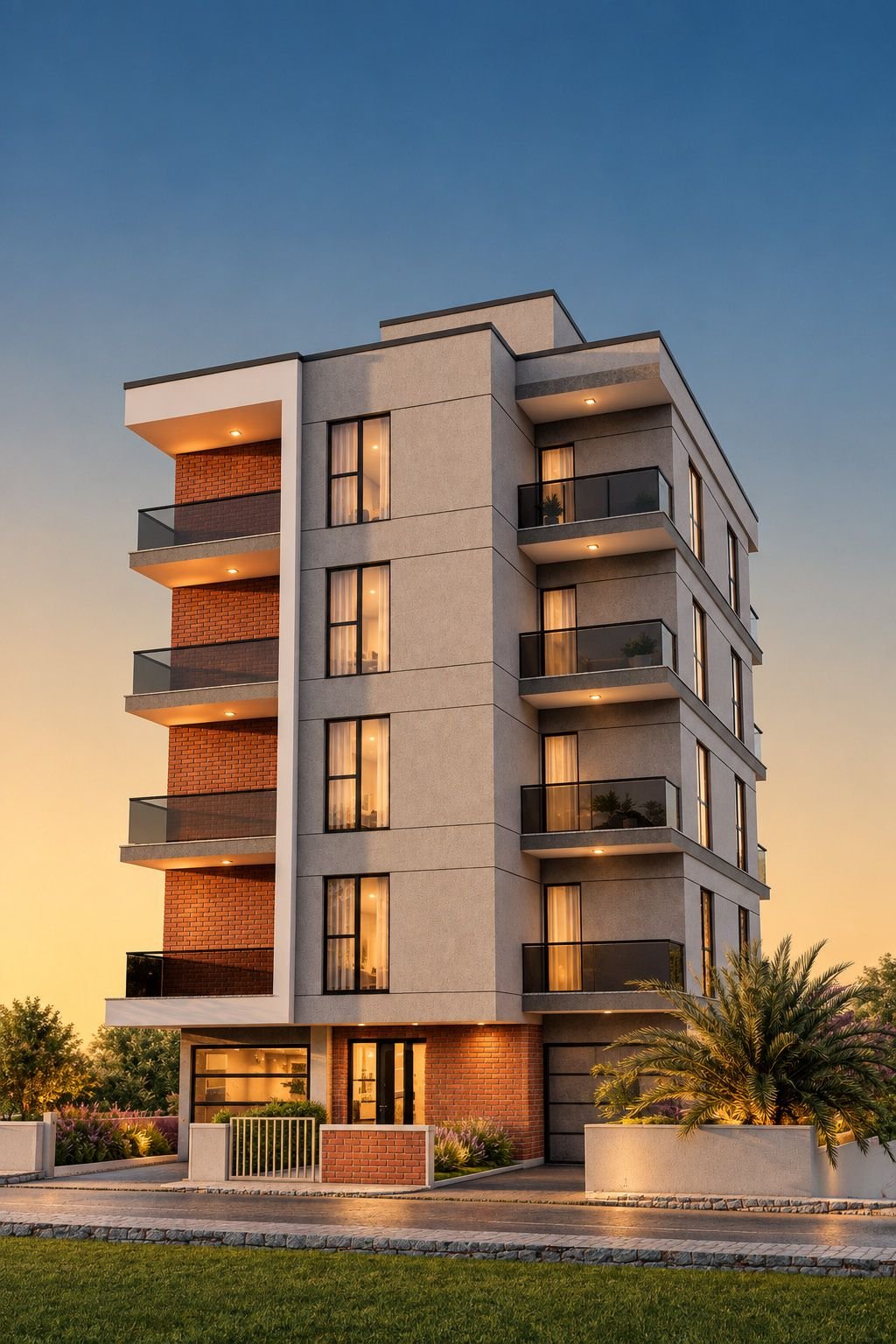 BRICKS I konut projesi: beş katlı, taş ve ahşap dokulu cepheli bir apartmanın akşam görünümü.