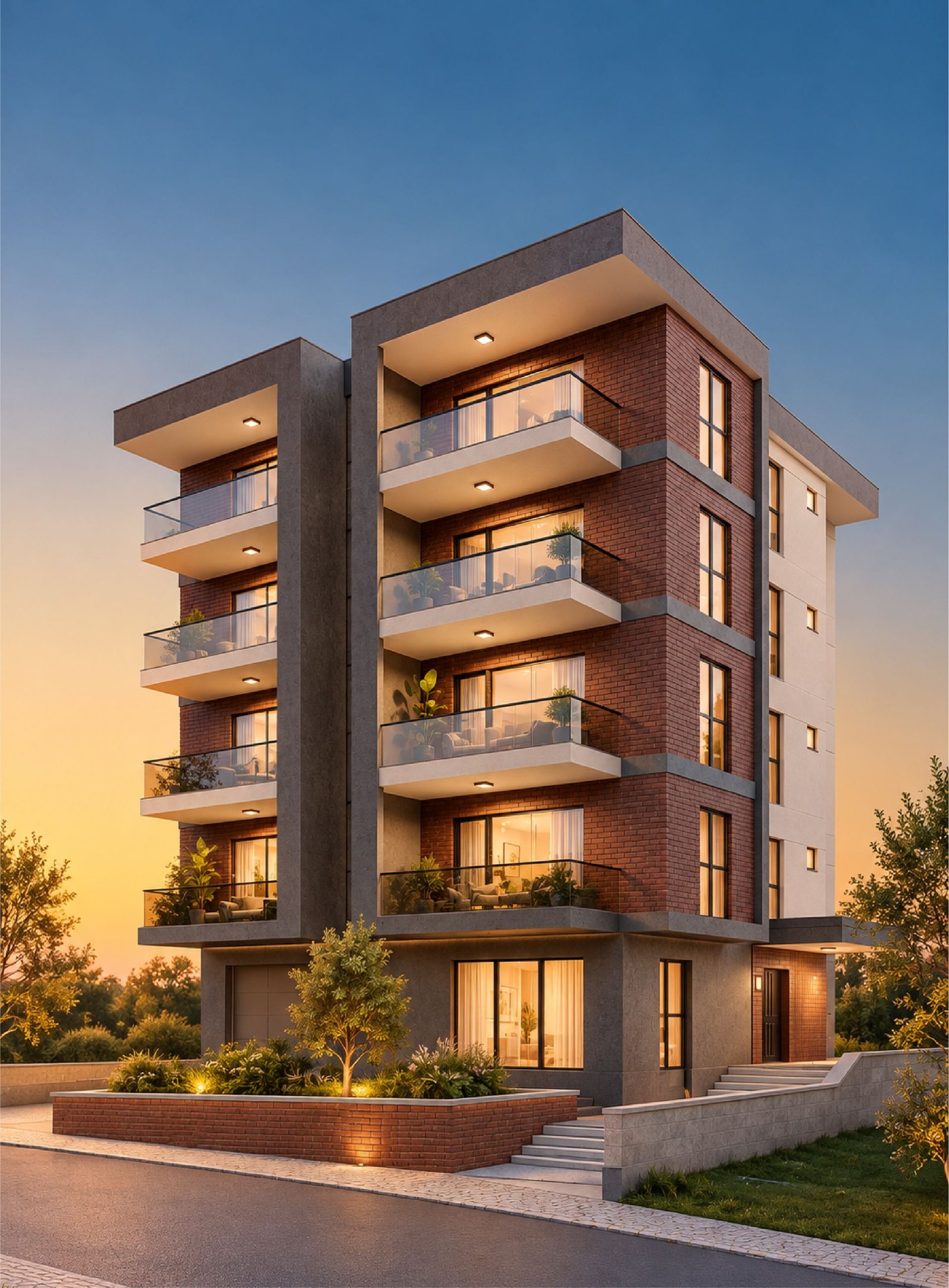 BRICKS II konut projesi: geniş balkonlu, tuğla ve beton dokulu cepheli bir apartmanın akşam görünümü.