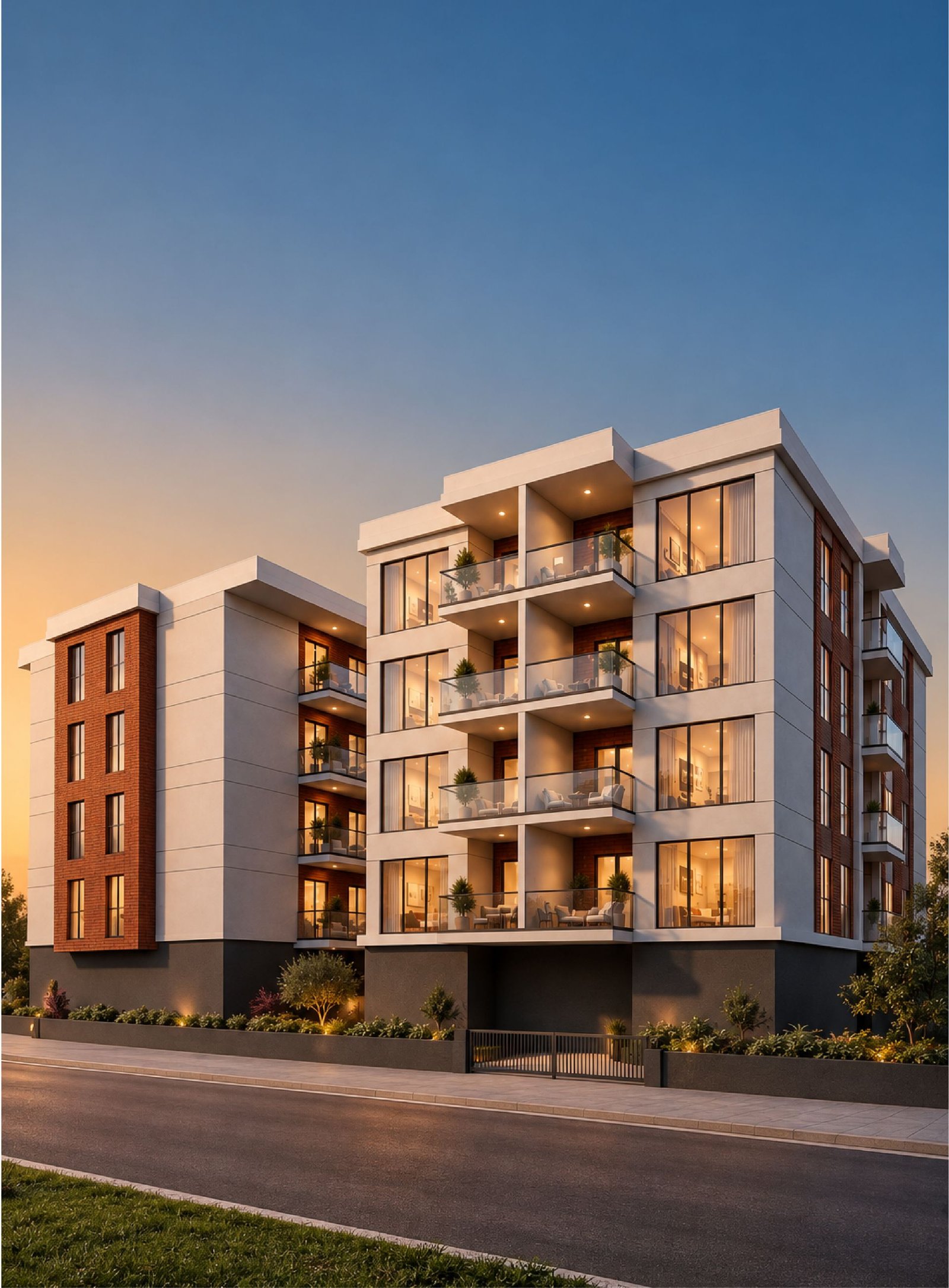 BRICKS III konut projesi: köşe parselde, tuğla ve açık renk cepheli bir apartmanın akşam görünümü.