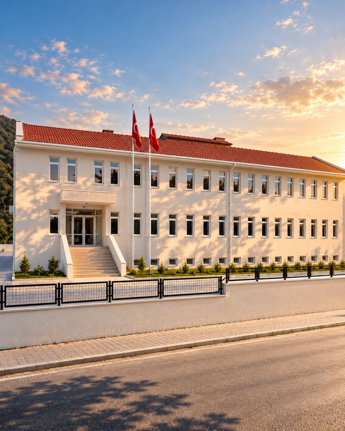 Yığılca Jandarma Komutanlığı: kiremit çatılı iki katlı beyaz yapı, önünde Türk bayrakları.