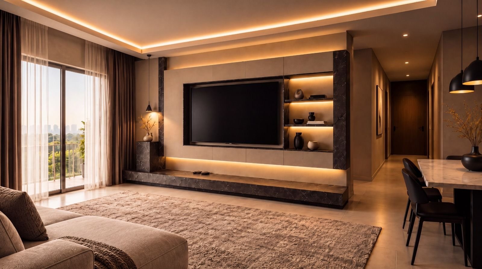 Sıcak ışıklı bir oturma odası: tavan çevresinde gizli aydınlatma, taş kaplamalı bir duvarda TV ve raflar, bej bir koltuk, geniş bir halı ve açık bir balkon kapısı.