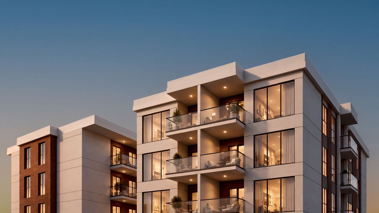 Alacakaranlıkta, pencereleri ve balkon spotları yanan, tuğla ve açık renk cepheli iki konut bloğu; arkada mavi bir gökyüzü.