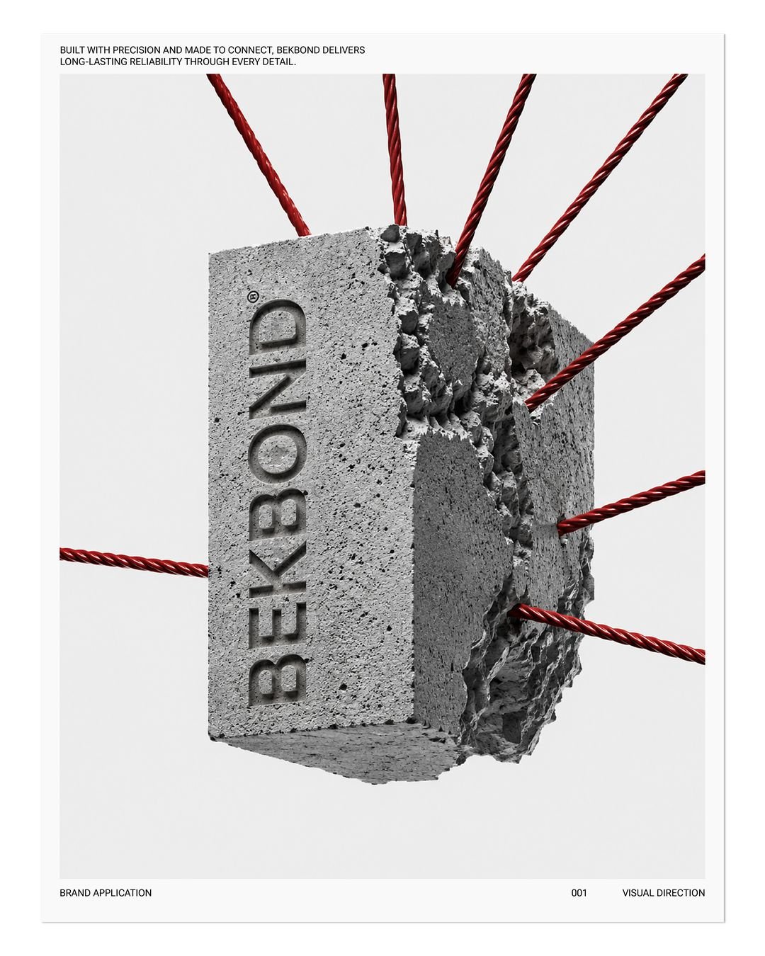 Marka posteri: üzerinde BEKBOND kabartması olan bir beton blok, içinden geçen kırmızı çelik halatlarla.