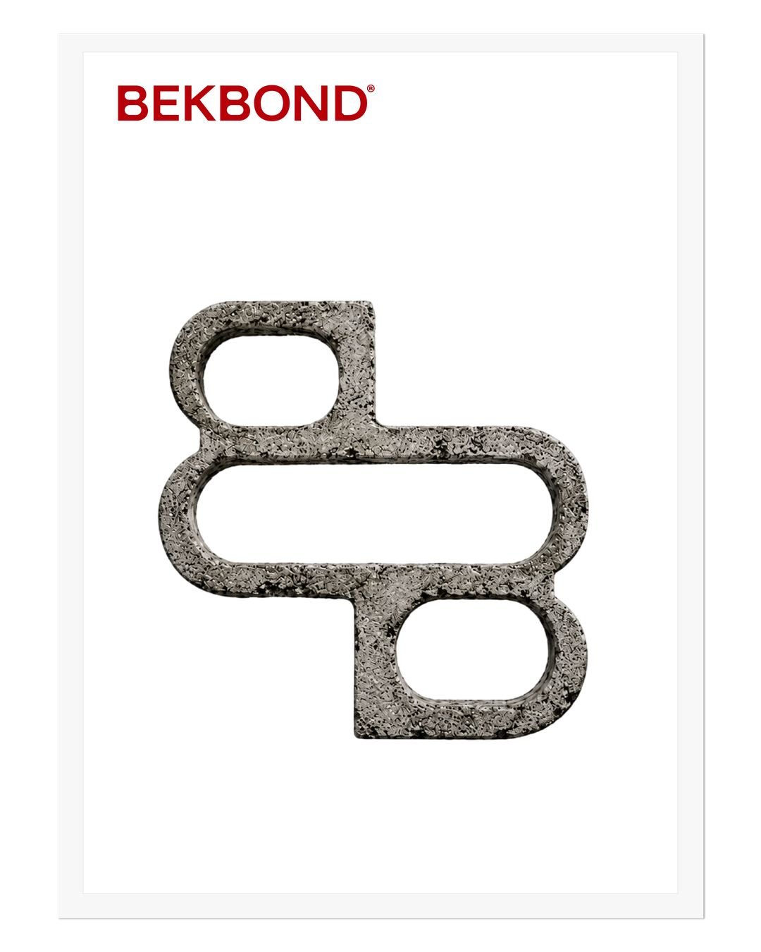 Marka posteri: BEKBOND monogramının beton dokulu hâli ve üstünde kırmızı BEKBOND logotype'ı.