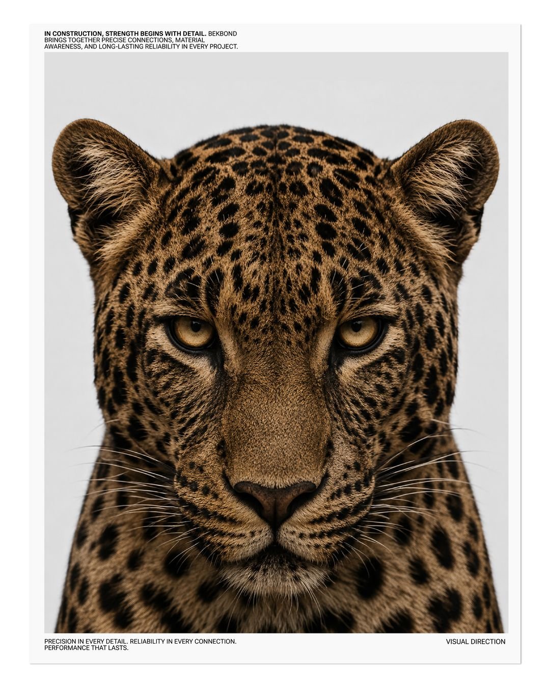 Marka posteri: bir leoparın cepheden portresi, açık gri zemin üzerinde.